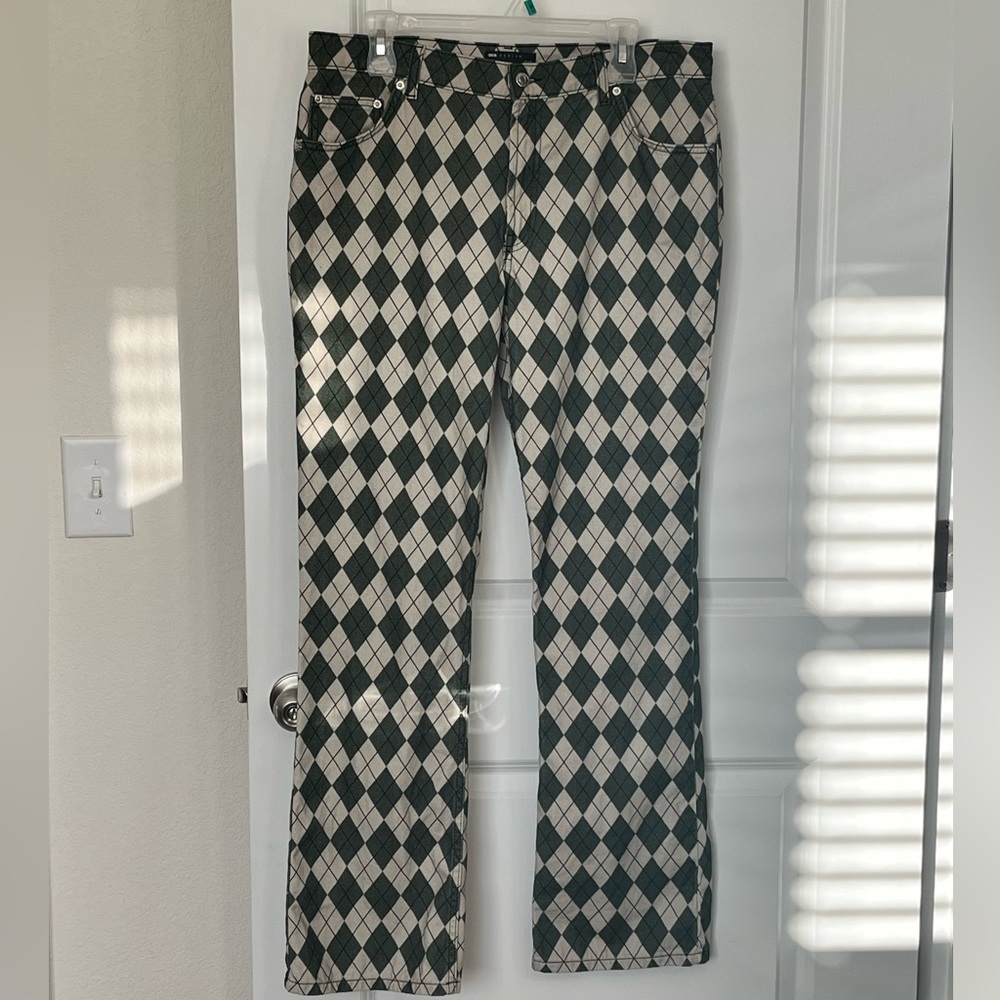 ASOS Design Low-Rise Longline Flare Argyle Pants - size 10